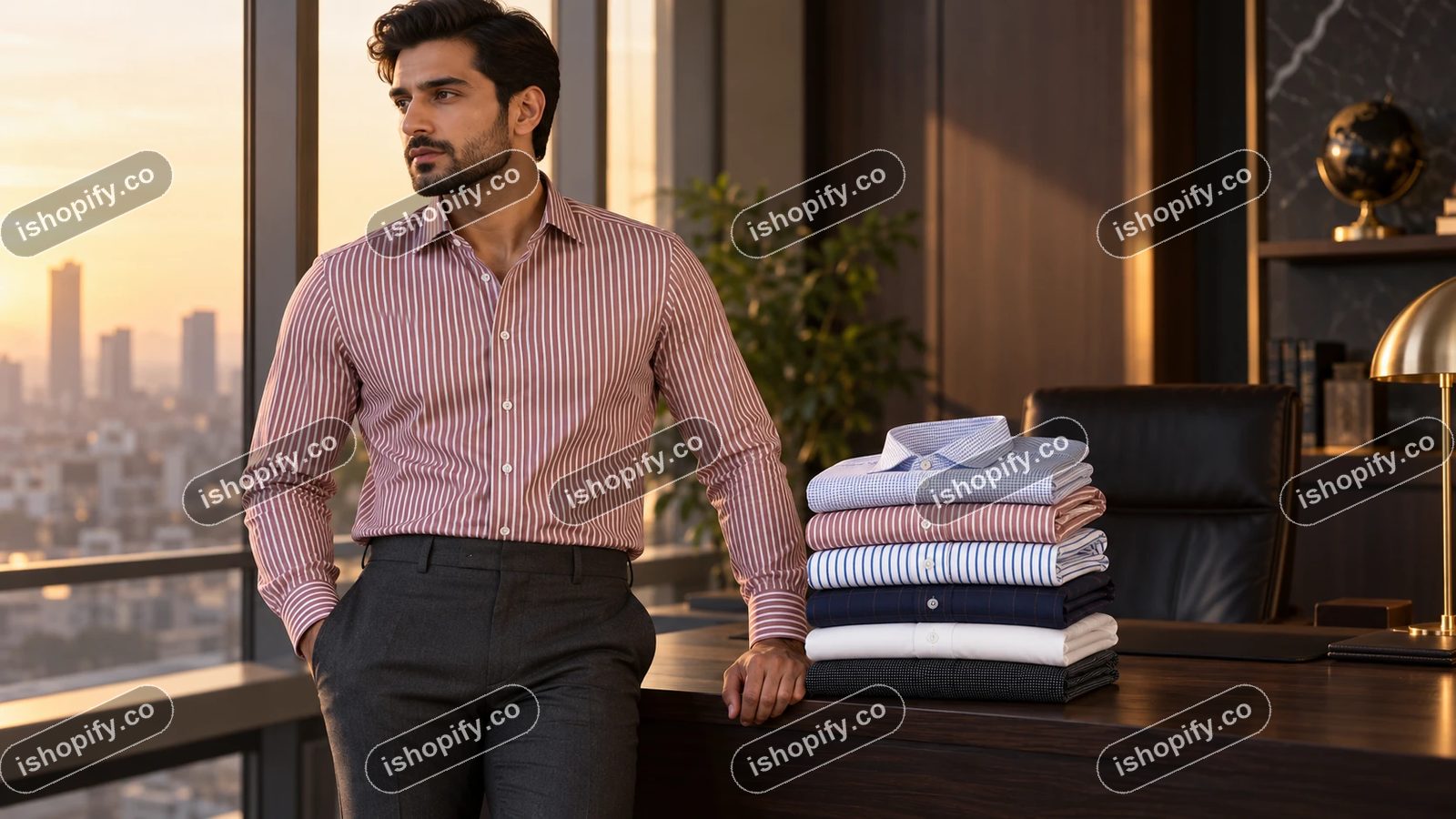 Man in a Calabria rose striped shirt by an office window at sunset