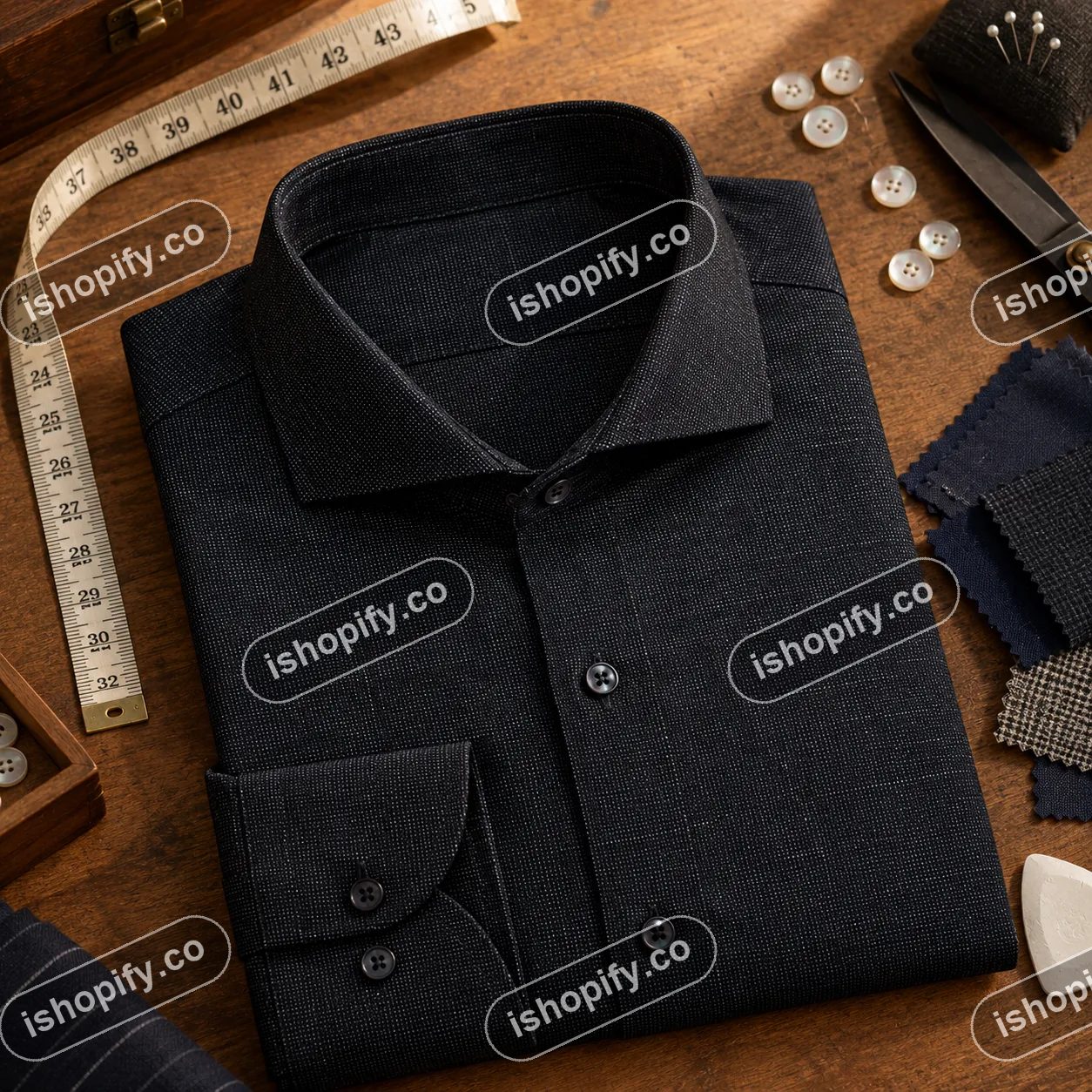 Calabria black shirt on a tailor's workbench