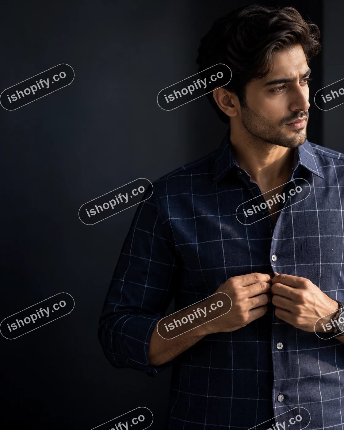 Man buttoning a navy windowpane Calabria shirt