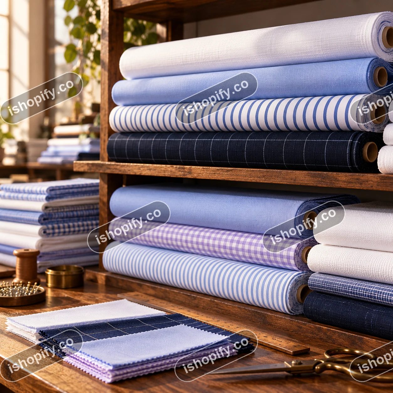 Bolts of shirting fabric in a tailoring workshopian cotton